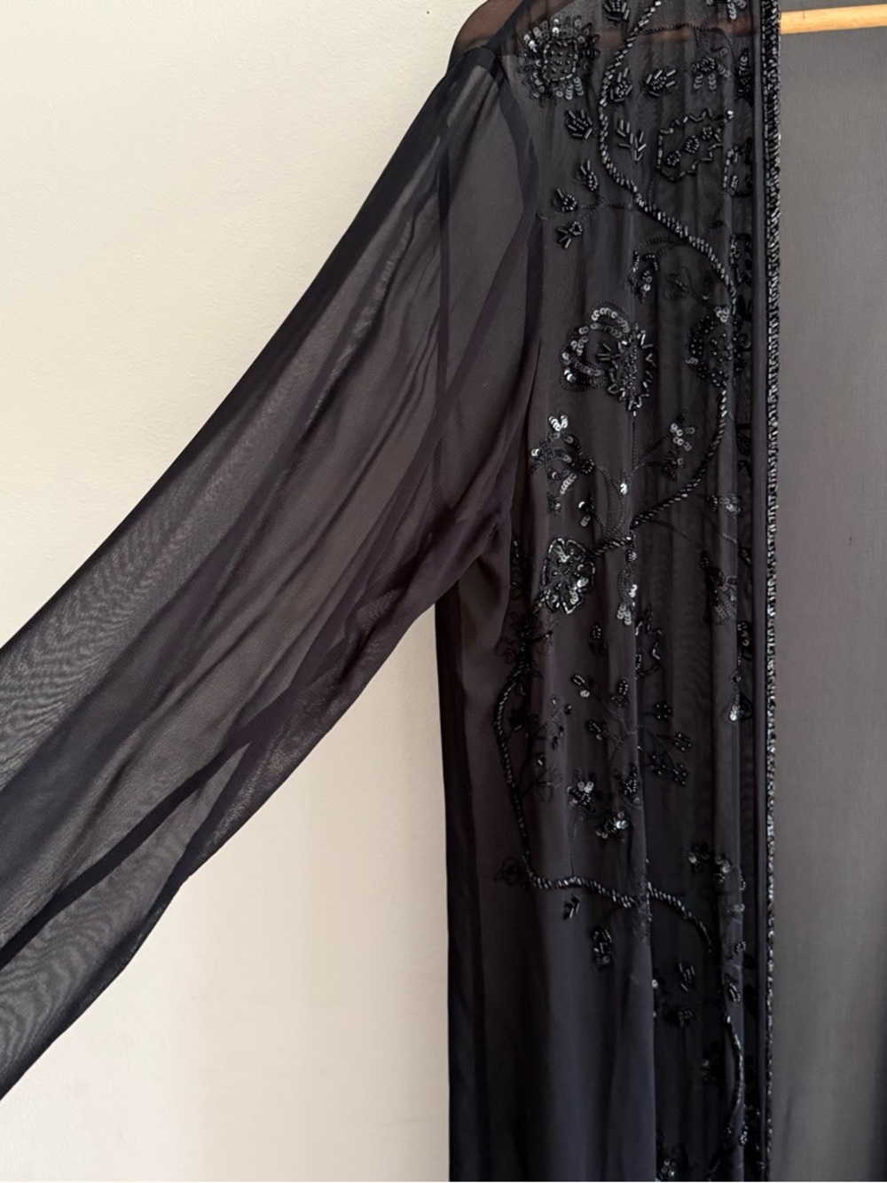 Parisline 90s Sheer Black Beaded Evening Long Duster Jacket Medium - Picture 2 of 9